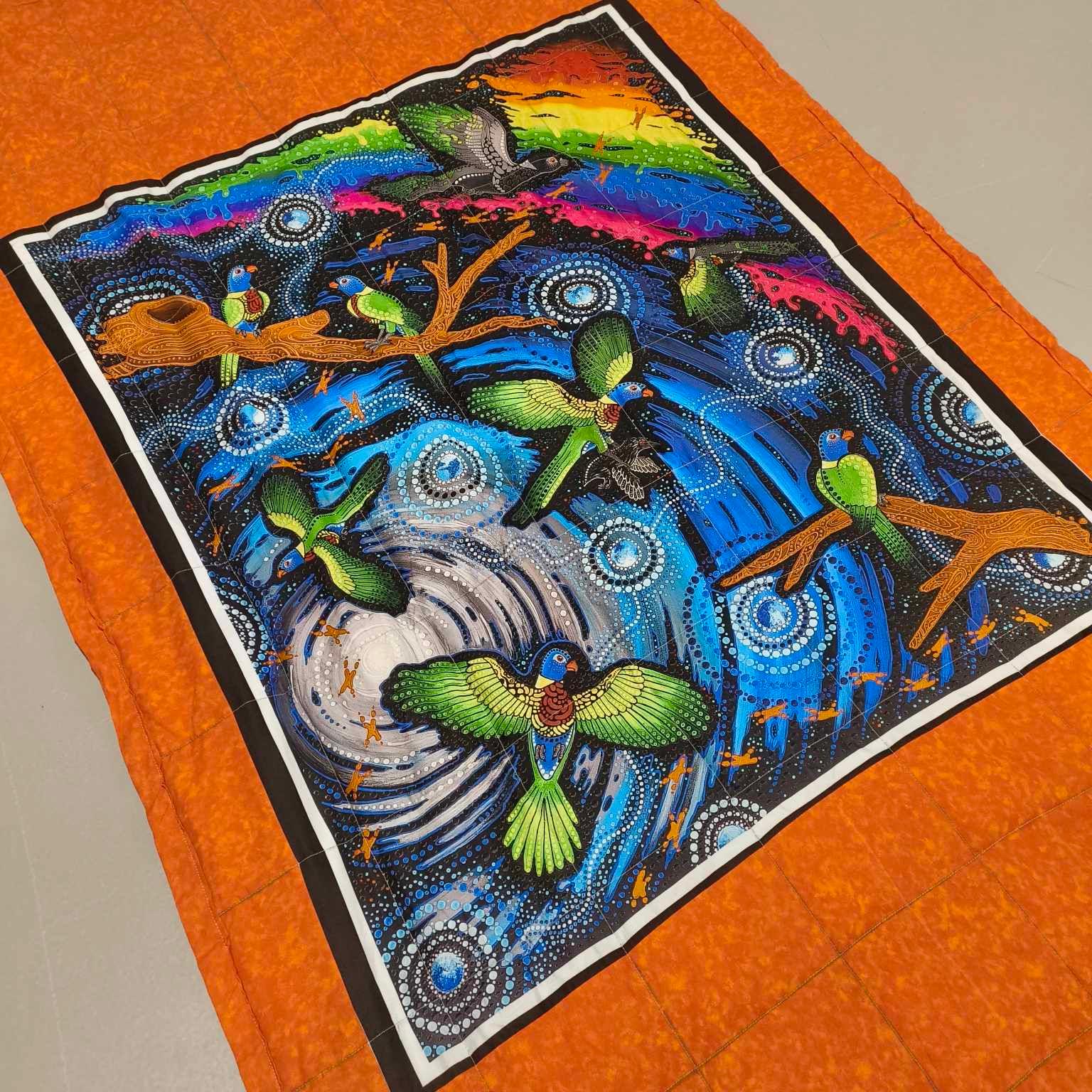 King Single Blanket - Black Bird Matjin Thurruun on Orange (Pre-Made & Ready to Ship!)